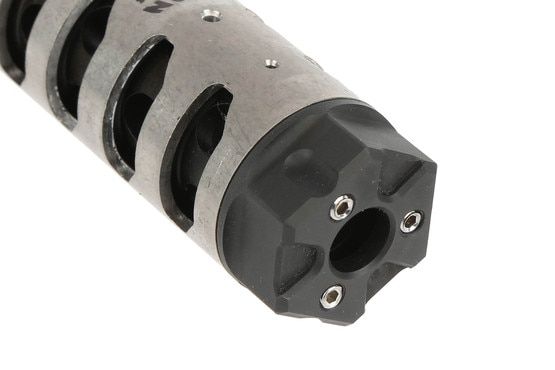 The ODIN Works ATLAS 7 adjustable Compensator with 5/8x24 threads for 7.62x39 caliber AR15 rifles with set screws